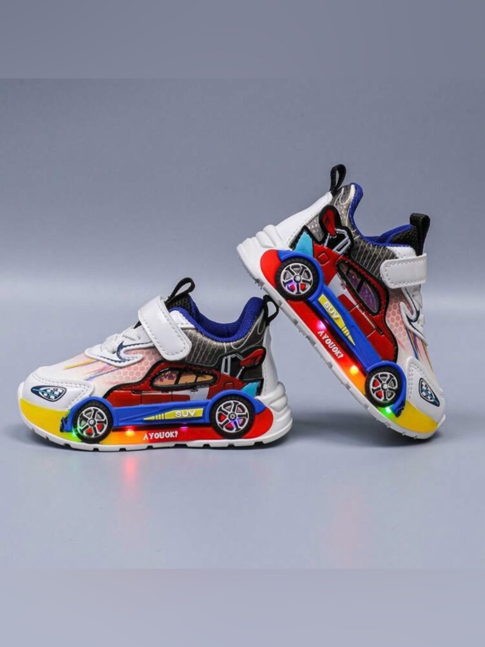 Kids Light-Up Car Sneakers in White, Red, Blue, Yellow